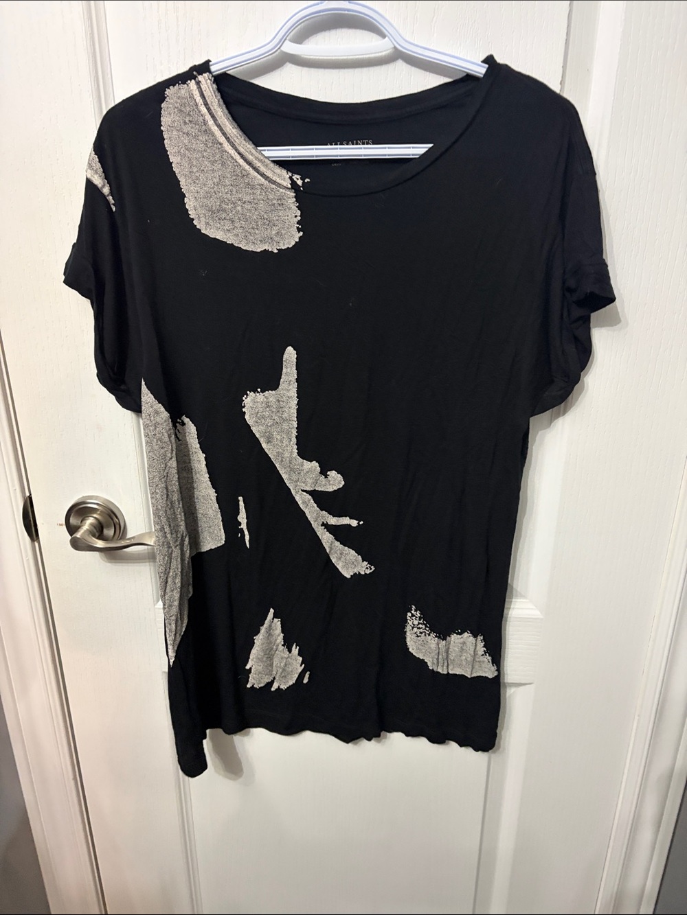 All Saints Black Short-Sleeve Tee with Silver Abstract Motif